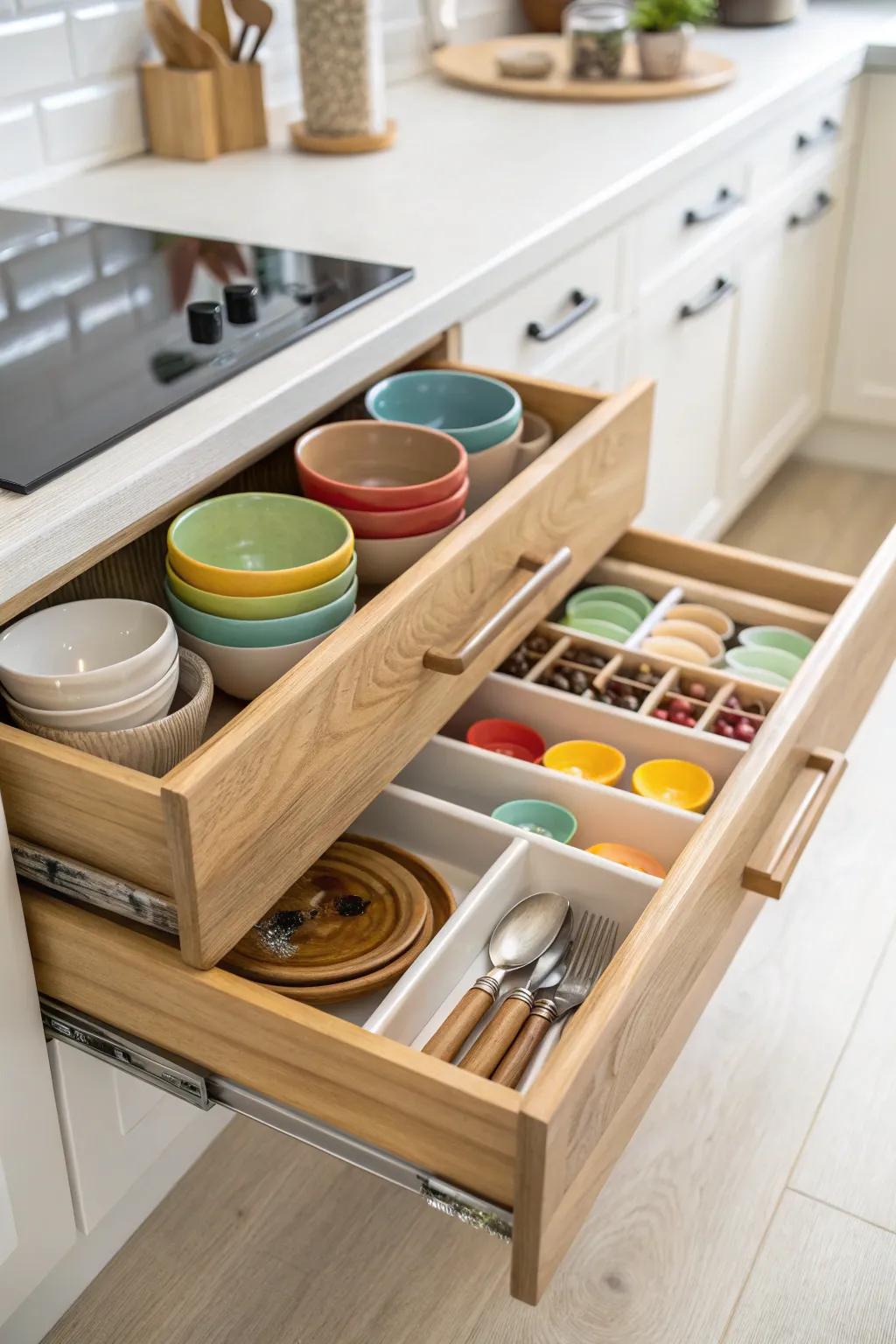 Elevate your kitchen organization with stylish pull-out trays, blending Scandinavian simplicity with Boho charm.