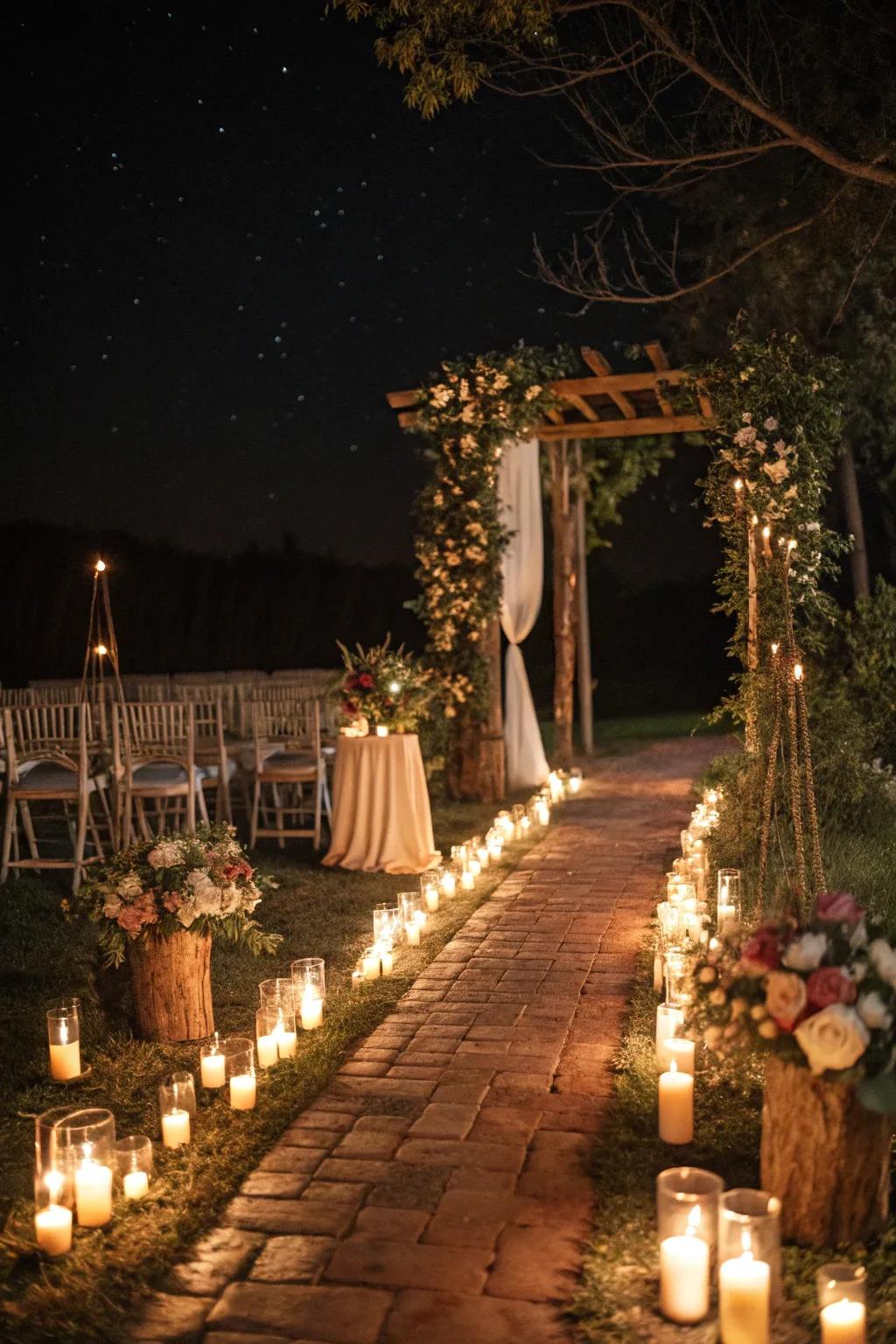 A romantic candlelit aisle leading to the wedding ceremony.