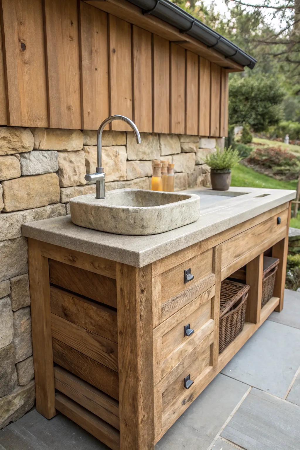 Discover the art of discreet storage with this elegant outdoor sink design.