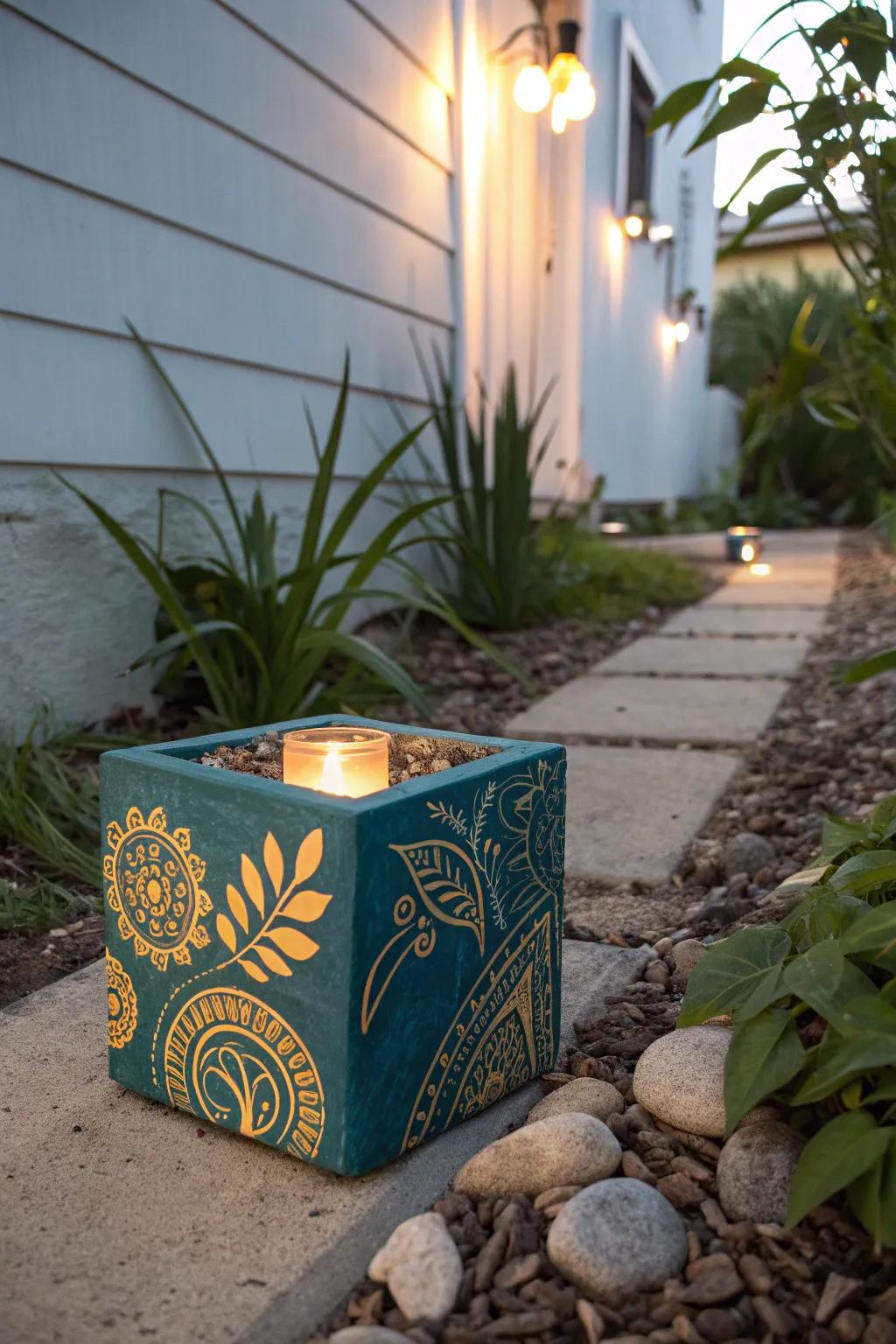 Transform your garden path into a magical journey with illuminated painted cinder blocks.