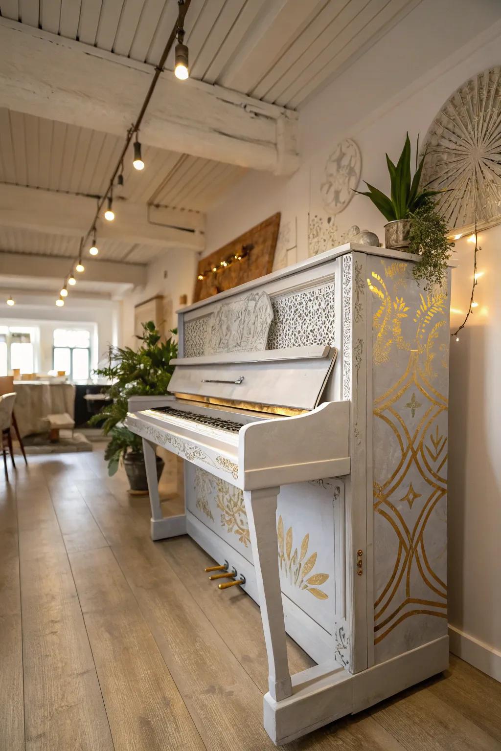 Transform your piano into a shimmering masterpiece with metallic accents that capture the light and elevate your space.