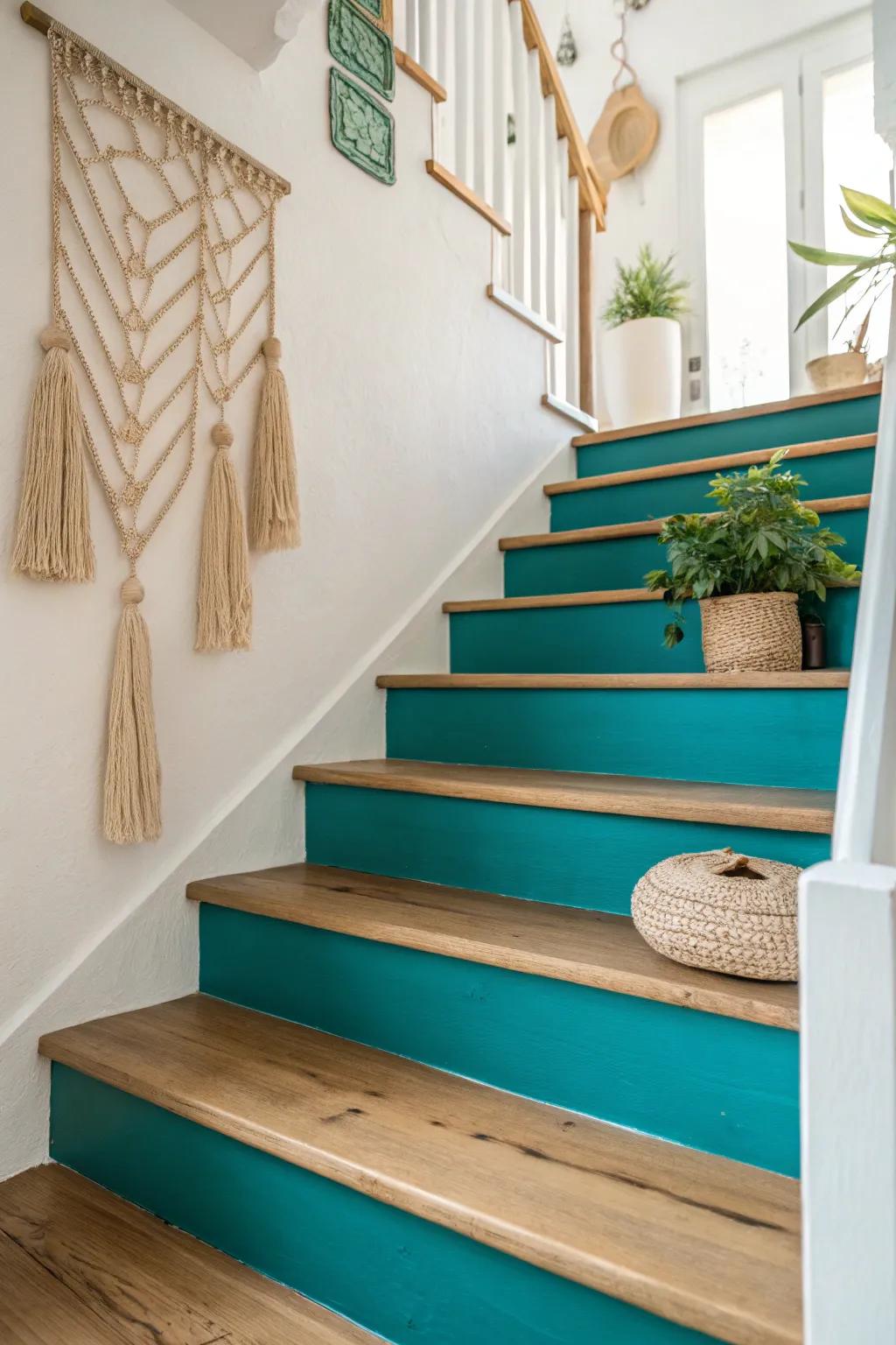 Transform your stairs into a stunning focal point with bold, vibrant colors that capture Scandinavian simplicity and boho flair.