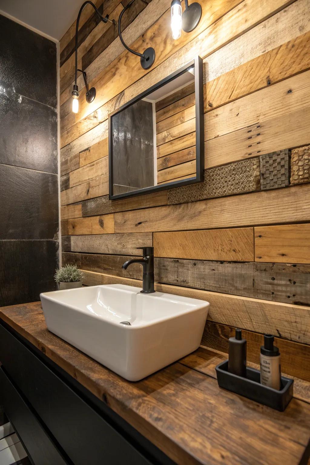 Transform your bathroom with a rustic pallet splashback—where modern meets craftsmanship.