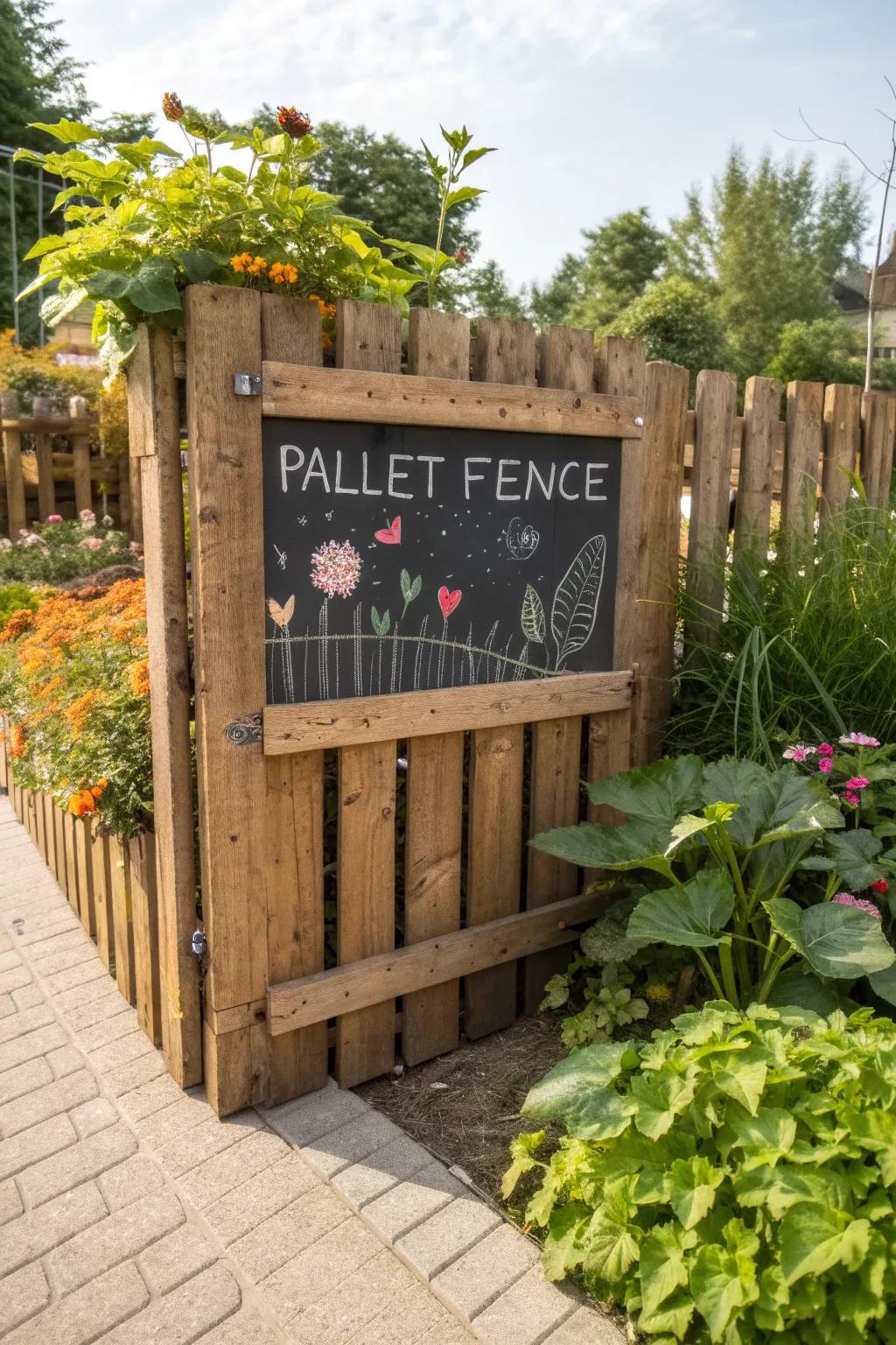 Add a touch of creativity to your garden with a pallet fence featuring a chalkboard section for notes and art!