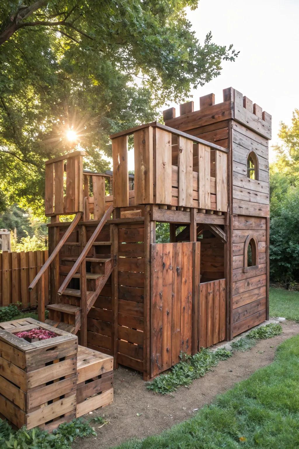 Explore endless adventures with this versatile modular pallet fort, a masterpiece of craftsmanship for creative minds.