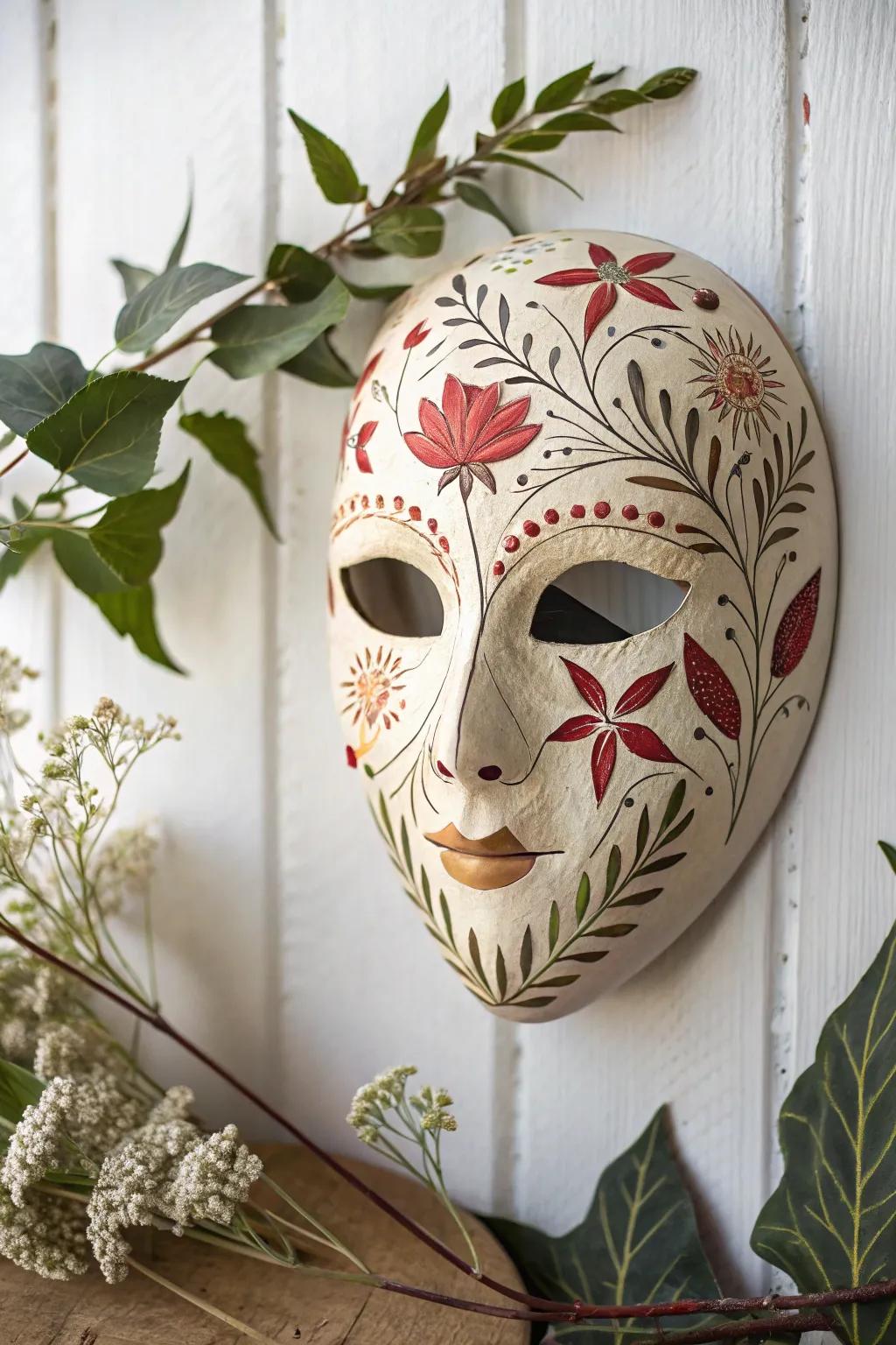 Wear a piece of nature with this beautifully crafted leaf and flower motif mask, where simplicity meets elegance.