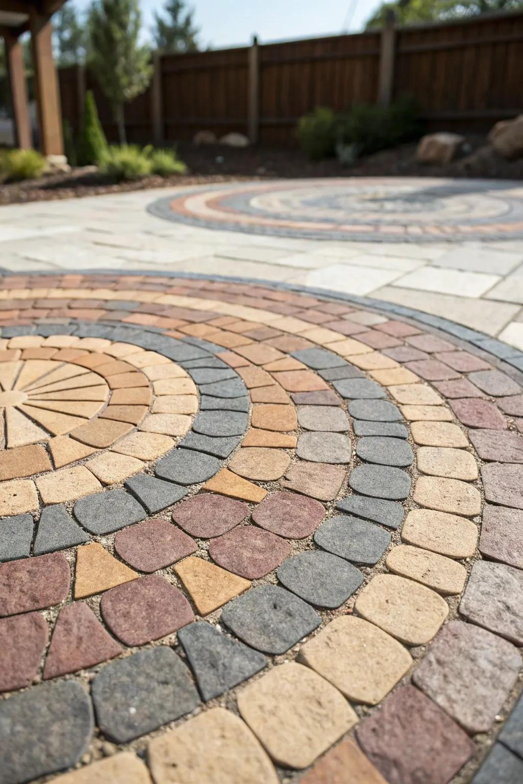 Experience the artistry of nature with this organic radial paver pattern, a masterful blend of colors and textures.