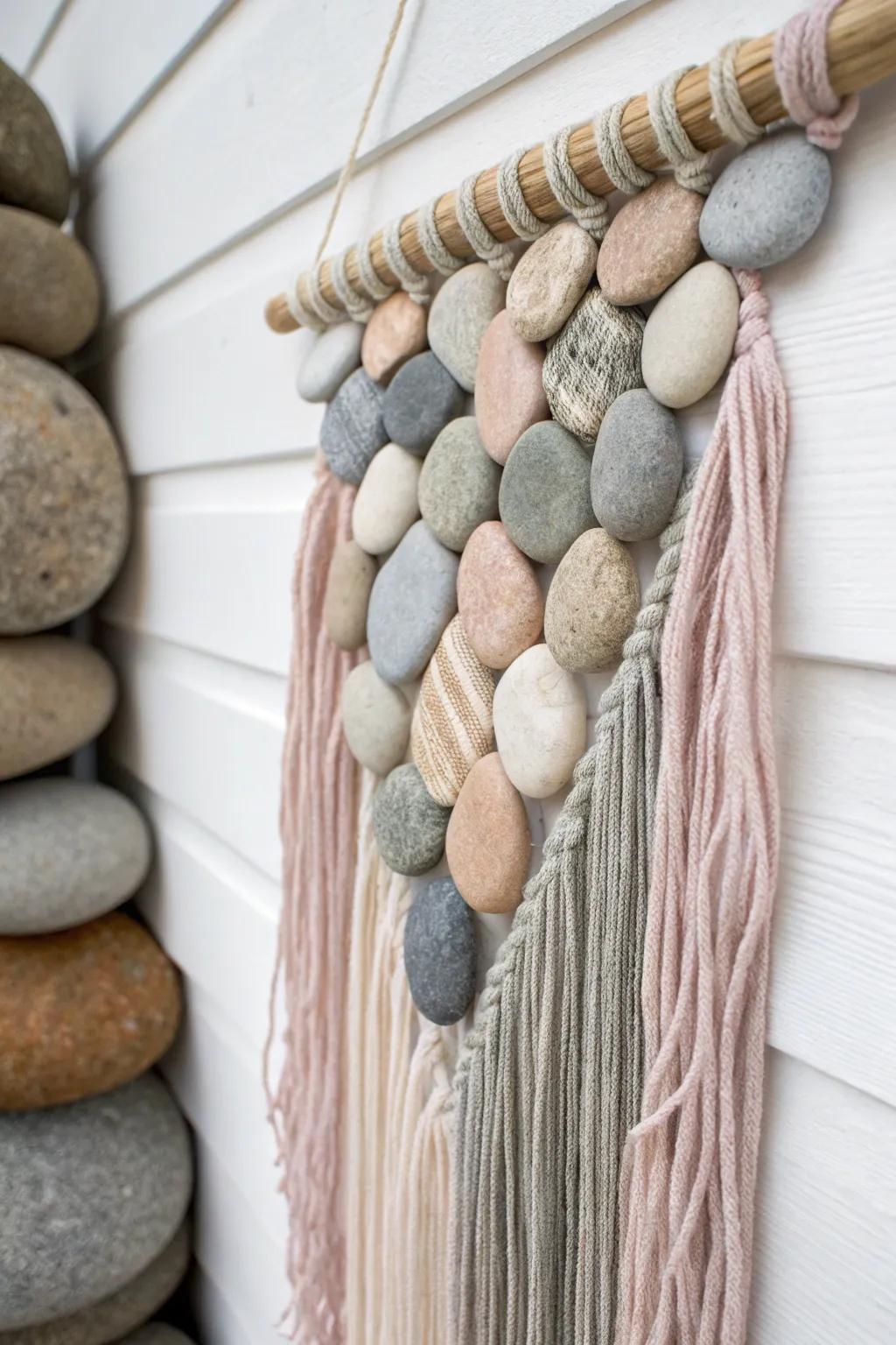Discover the harmony of textures with this unique pebble and yarn wall art—where nature meets craftsmanship in perfect balance.
