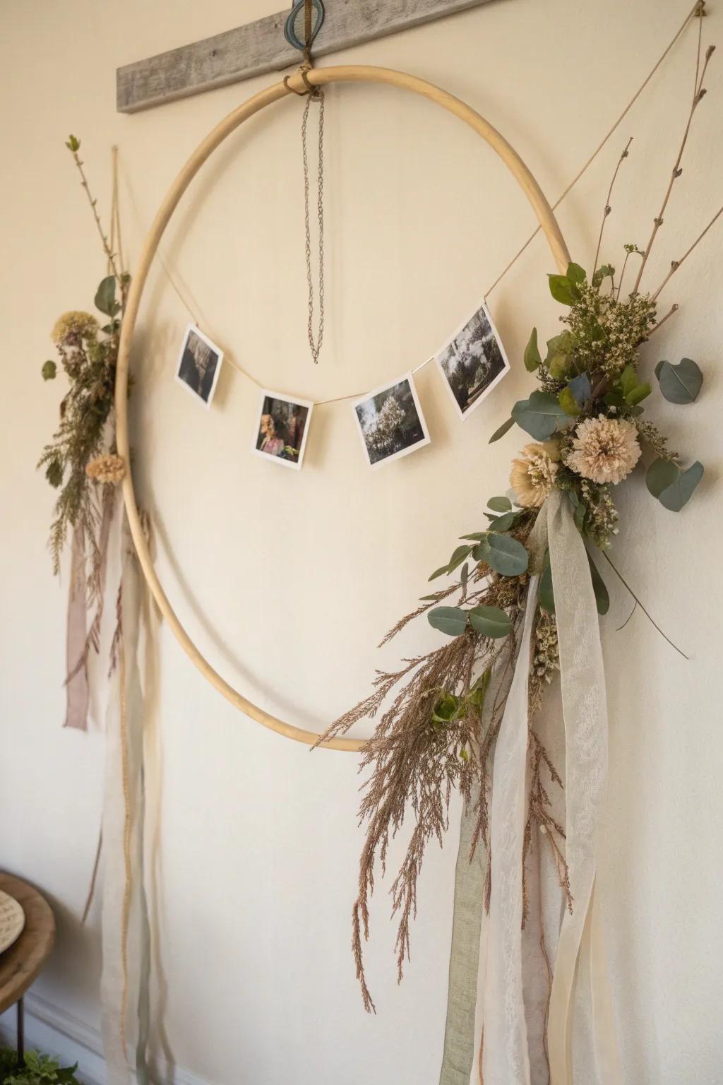 Transform your memories into art with a boho-inspired hula hoop photo wreath.