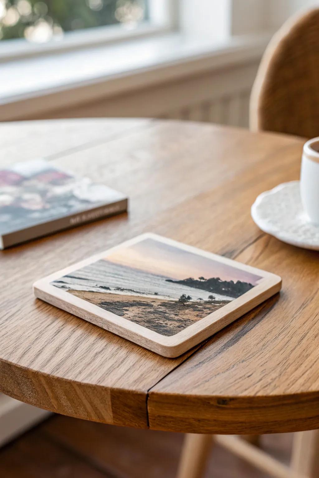 Elevate your gatherings with personalized photo coasters—where simplicity meets natural charm.