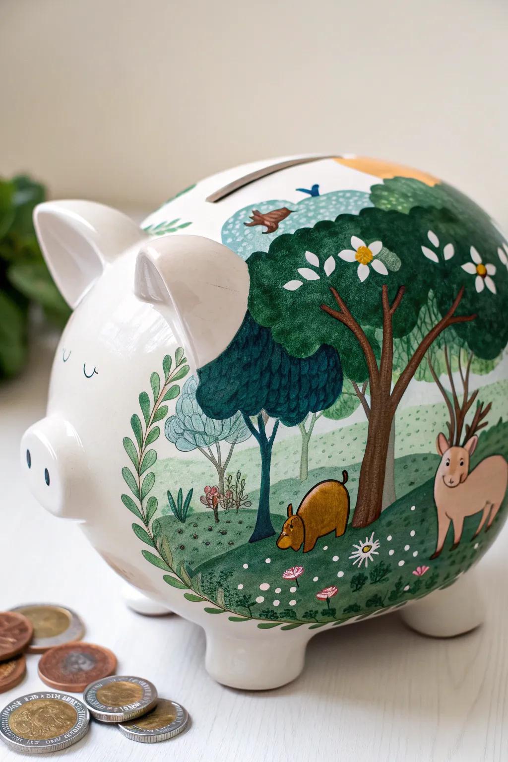 Bring the tranquility of nature indoors with a hand-painted forest piggy bank, where craftsmanship meets serene beauty.