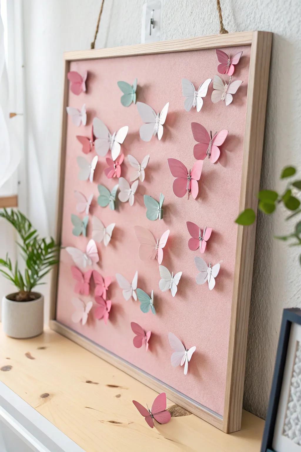 Whimsy in 3D: Transform your bulletin board with delicate paper butterflies for a touch of playful elegance.