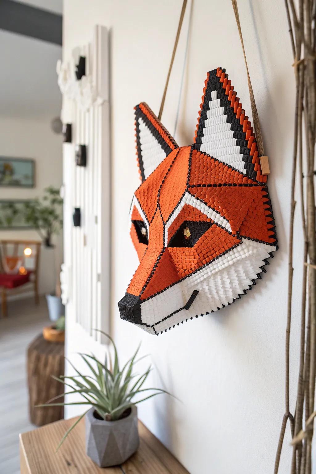 Add a playful touch to your decor with this charming pixelated fox mask—where minimalist design meets vibrant creativity!