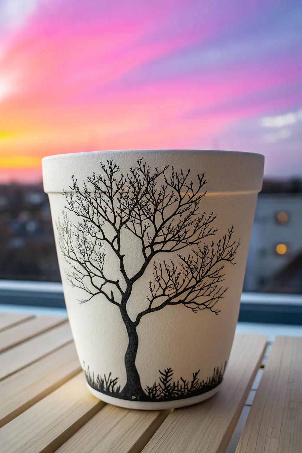 Capture the essence of nature with a striking tree silhouette on your plant pot, blending minimalist charm with bold colors.