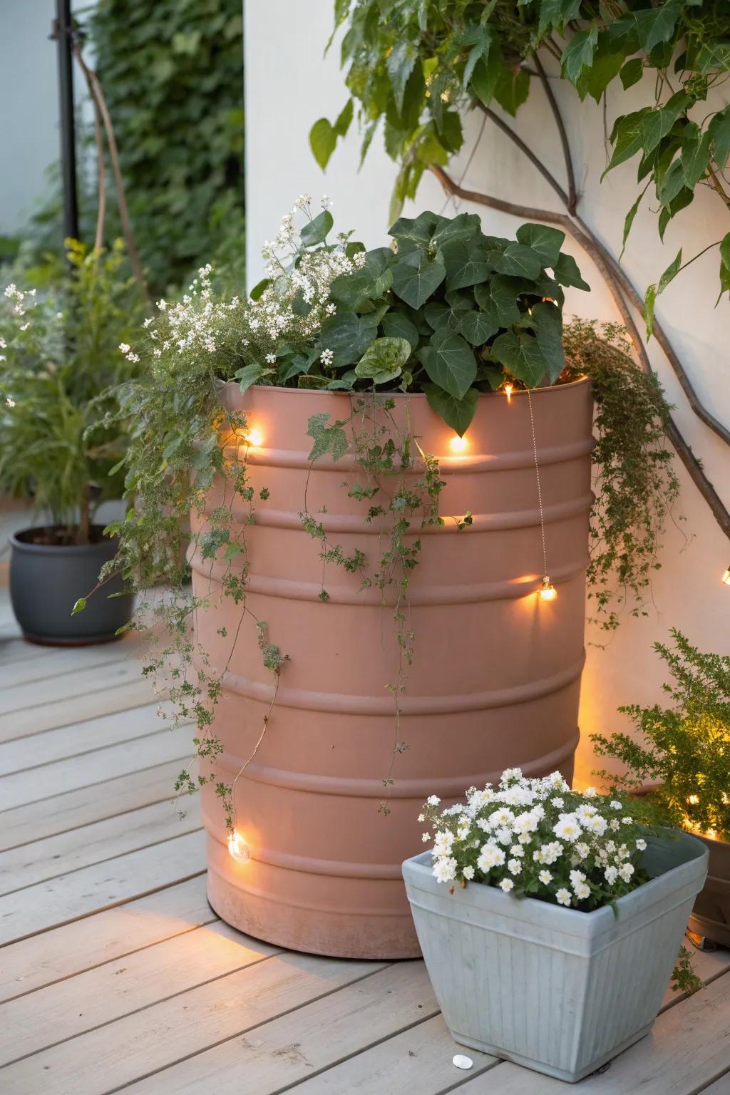 Illuminate your garden with enchanting solar-lit barrel planters for a magical evening ambiance.