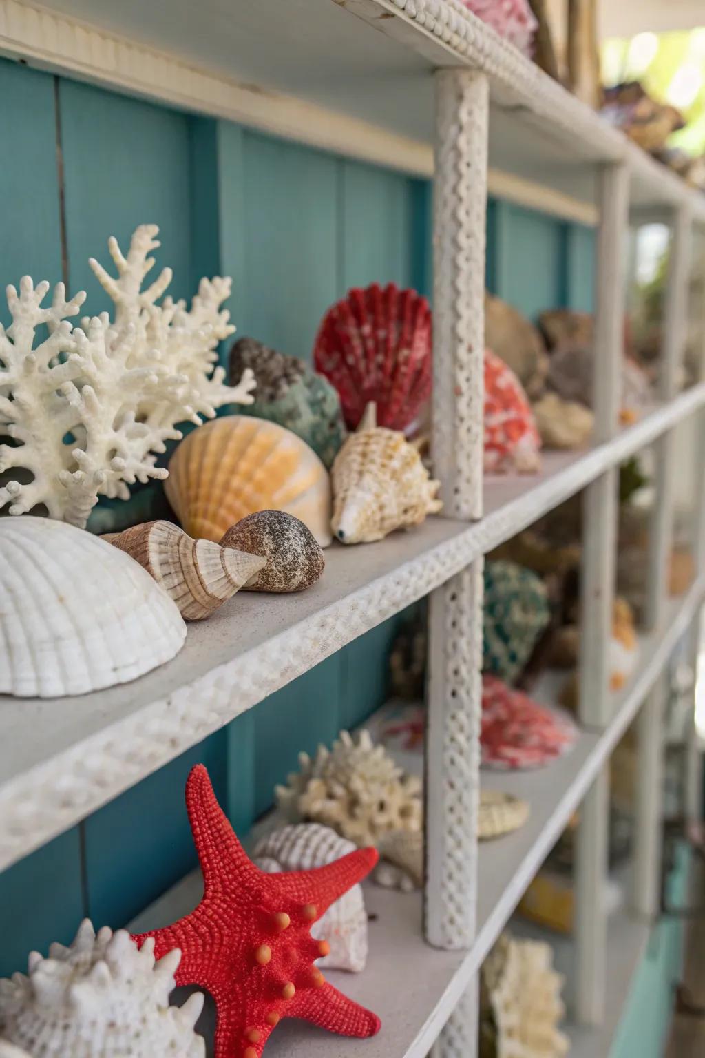 Seashell and coral decorations bring a coastal feel.