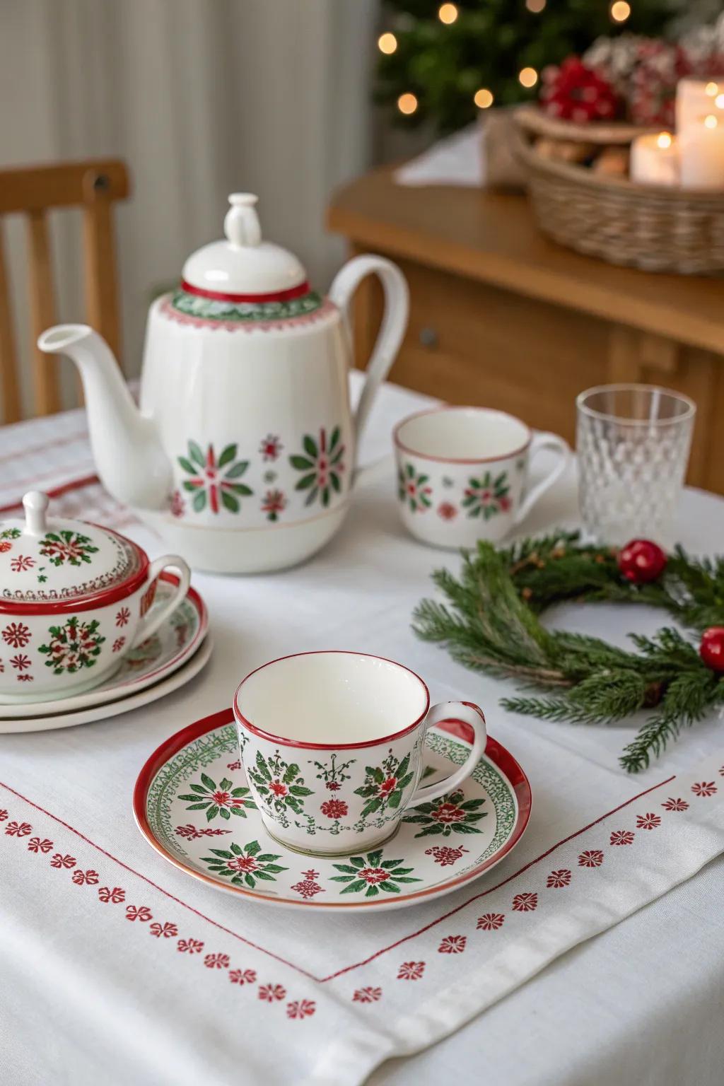 A charming holiday tea set enhances cozy moments during the season.