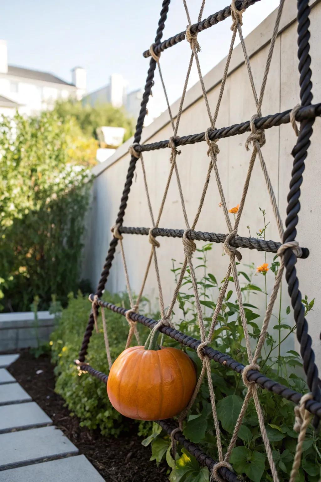 Embrace rustic elegance with this rebar and rope pumpkin trellis, where industrial chic meets natural beauty.