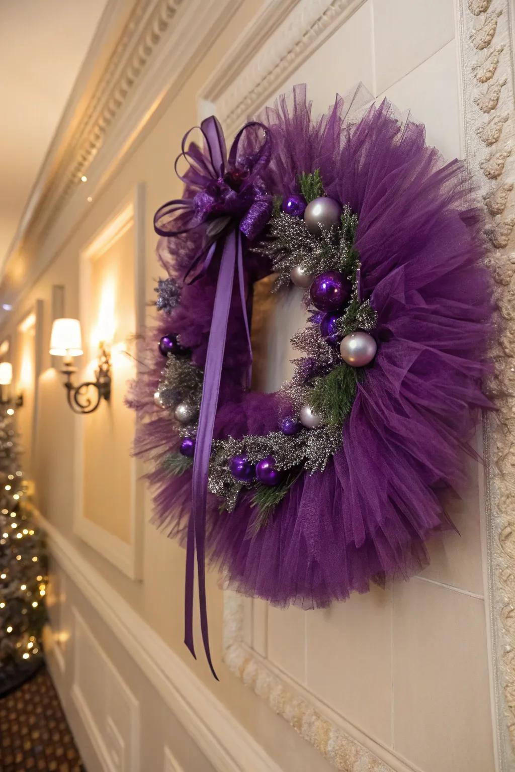 Purple tulle adds a royal touch to holiday decor.