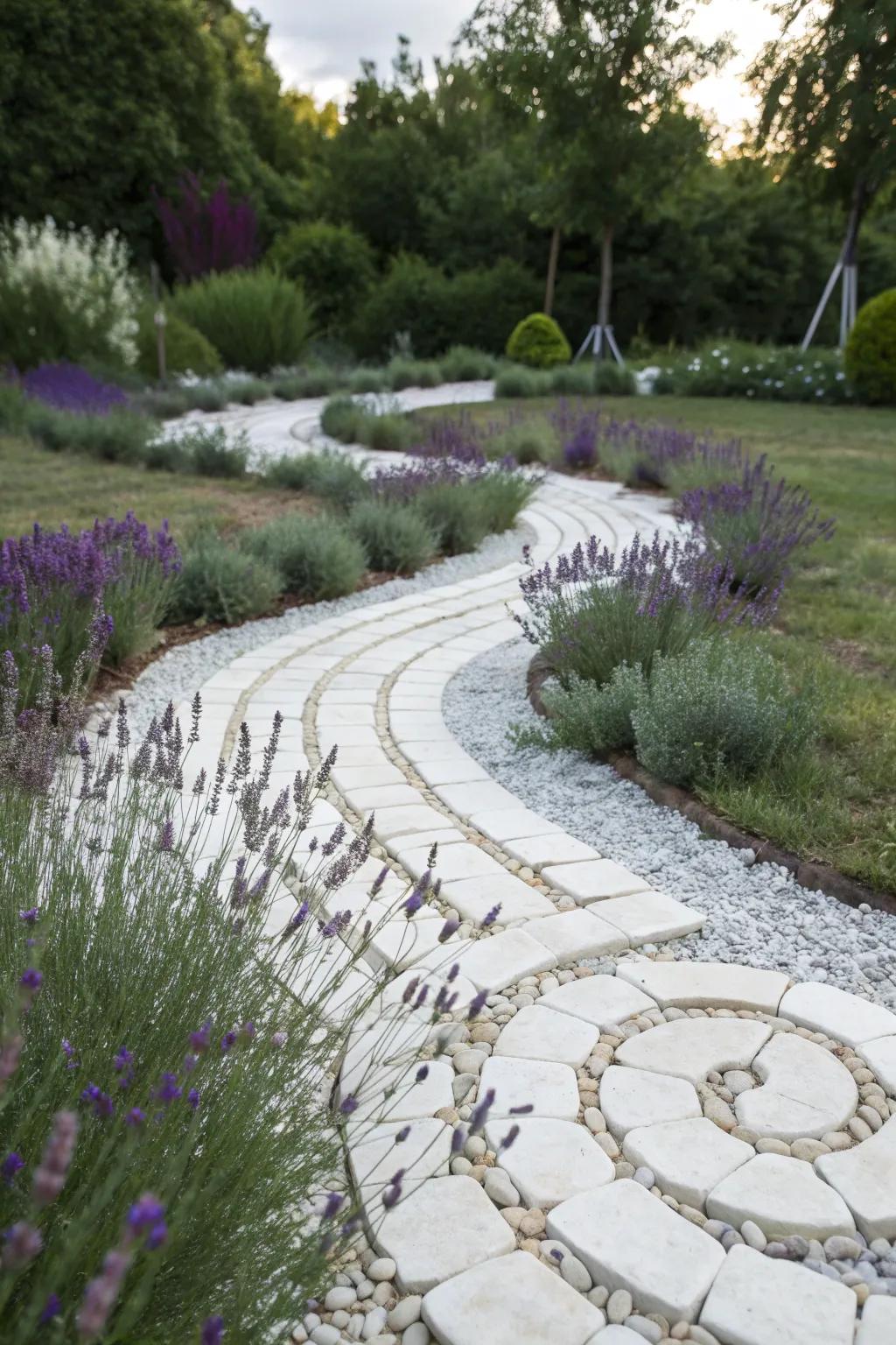 Transform your garden into a serene sanctuary with a spiral path of stones and lavender, where simplicity meets natural beauty.