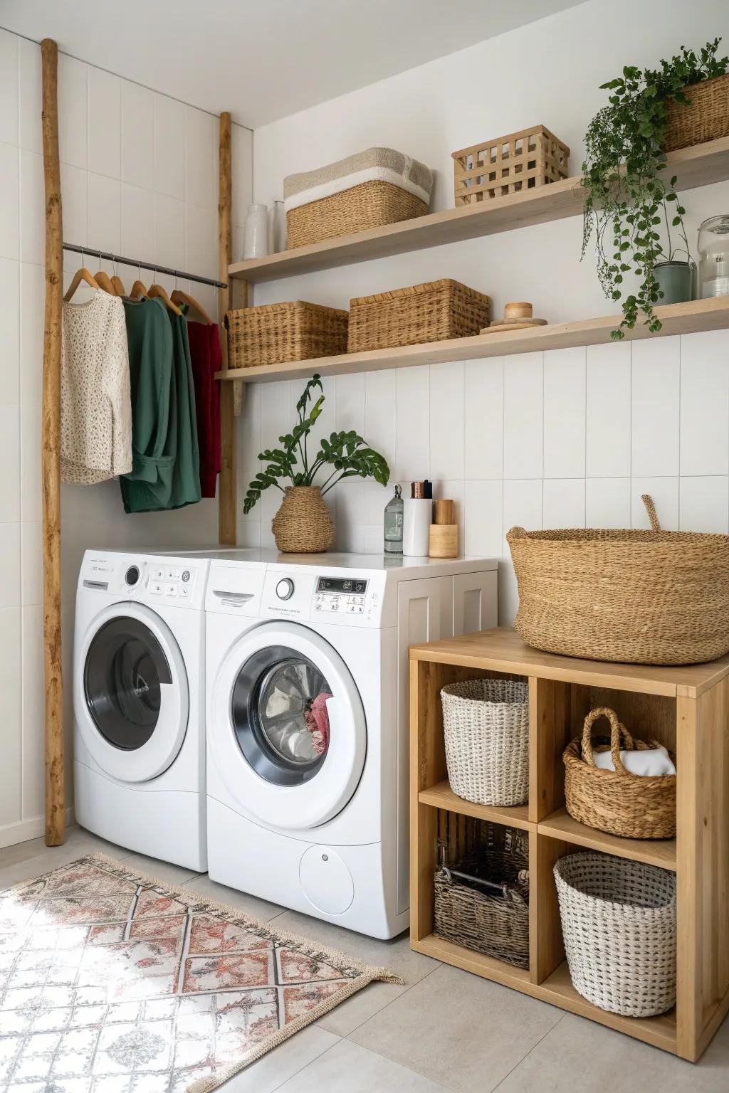 Transform your laundry space with versatile modular units, blending minimalist design with boho charm for a fresh and functional look.