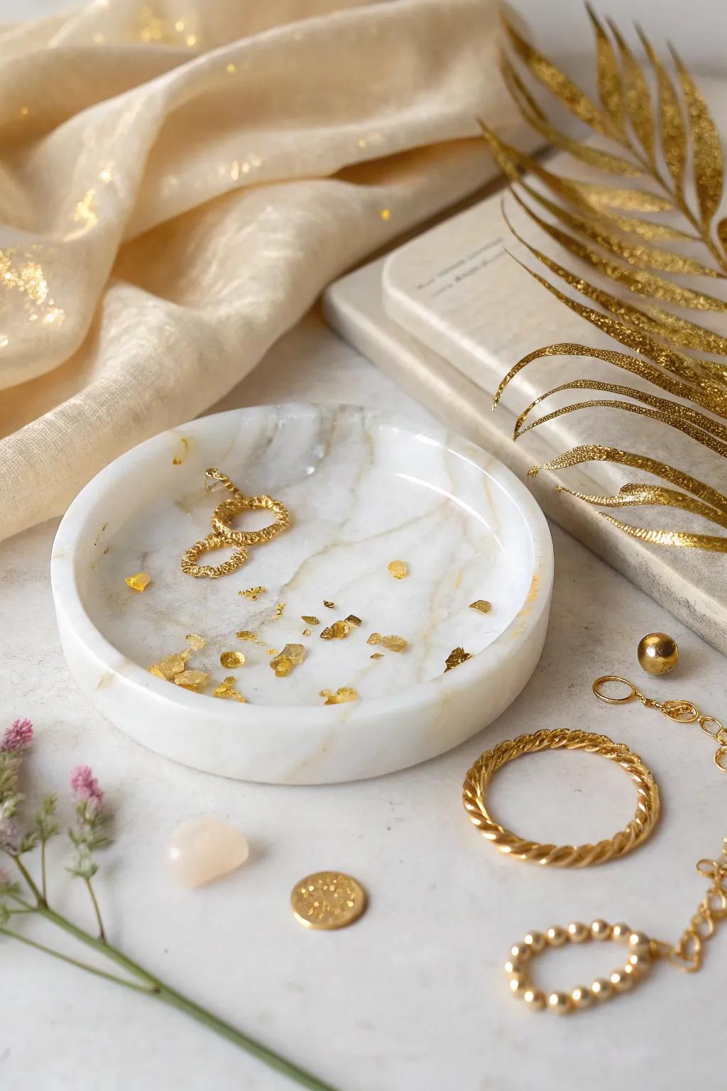Elevate your space with a touch of luxury: a resin jewelry dish adorned with shimmering gold flakes.