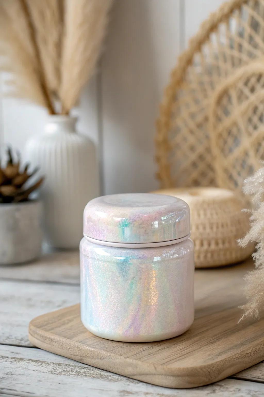 Embrace the subtle shimmer of pearlescent elegance with this handcrafted resin jar, perfect for adding a touch of minimalist sophistication to any space.