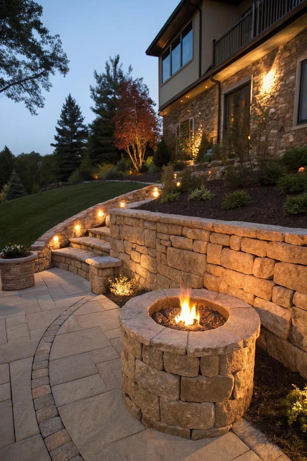 Gather around the glow: A masterfully crafted retaining wall with an integrated fire pit.