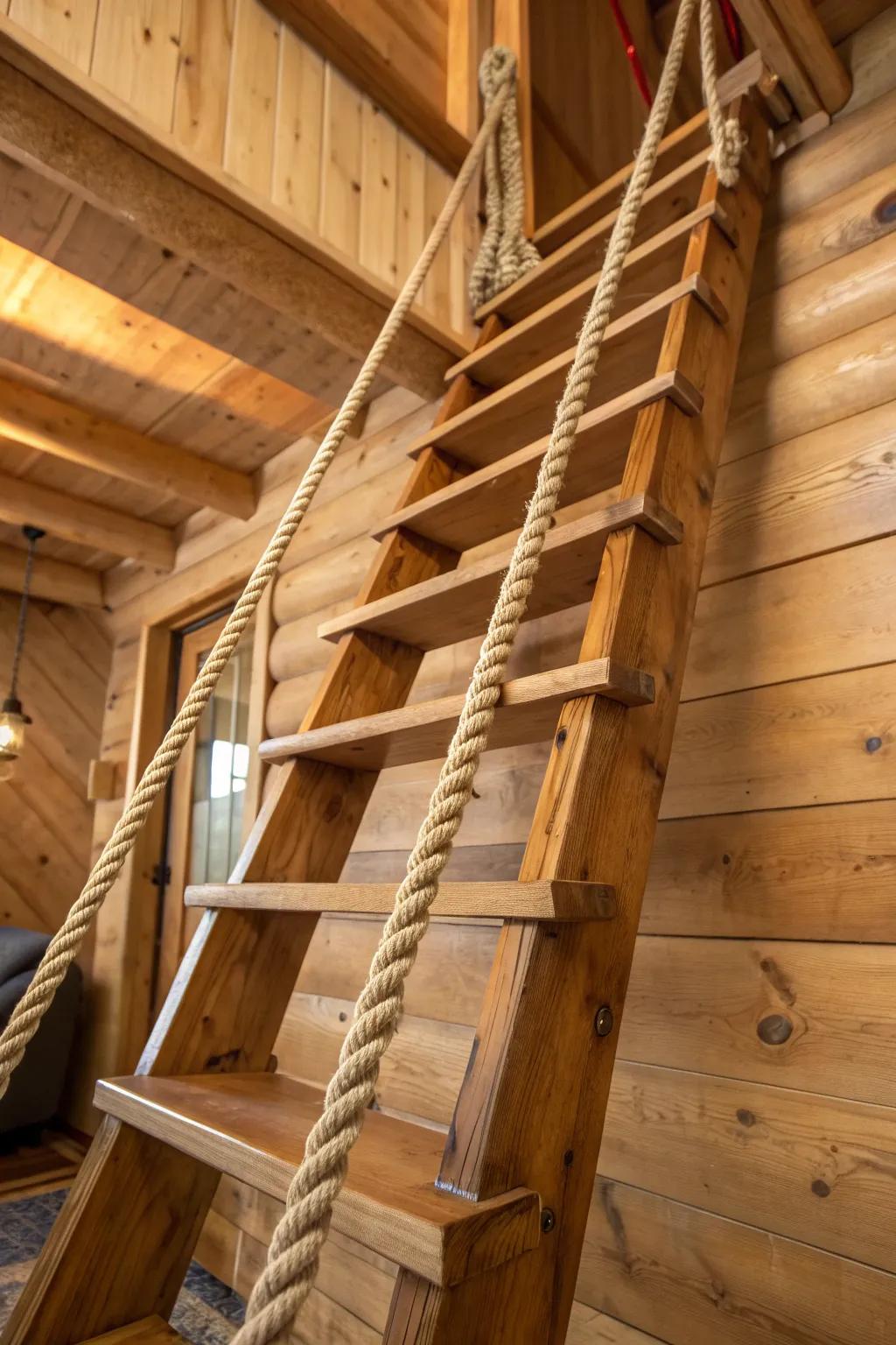 Elevate your space with a rustic rope and wood loft ladder—where craftsmanship meets elegance.