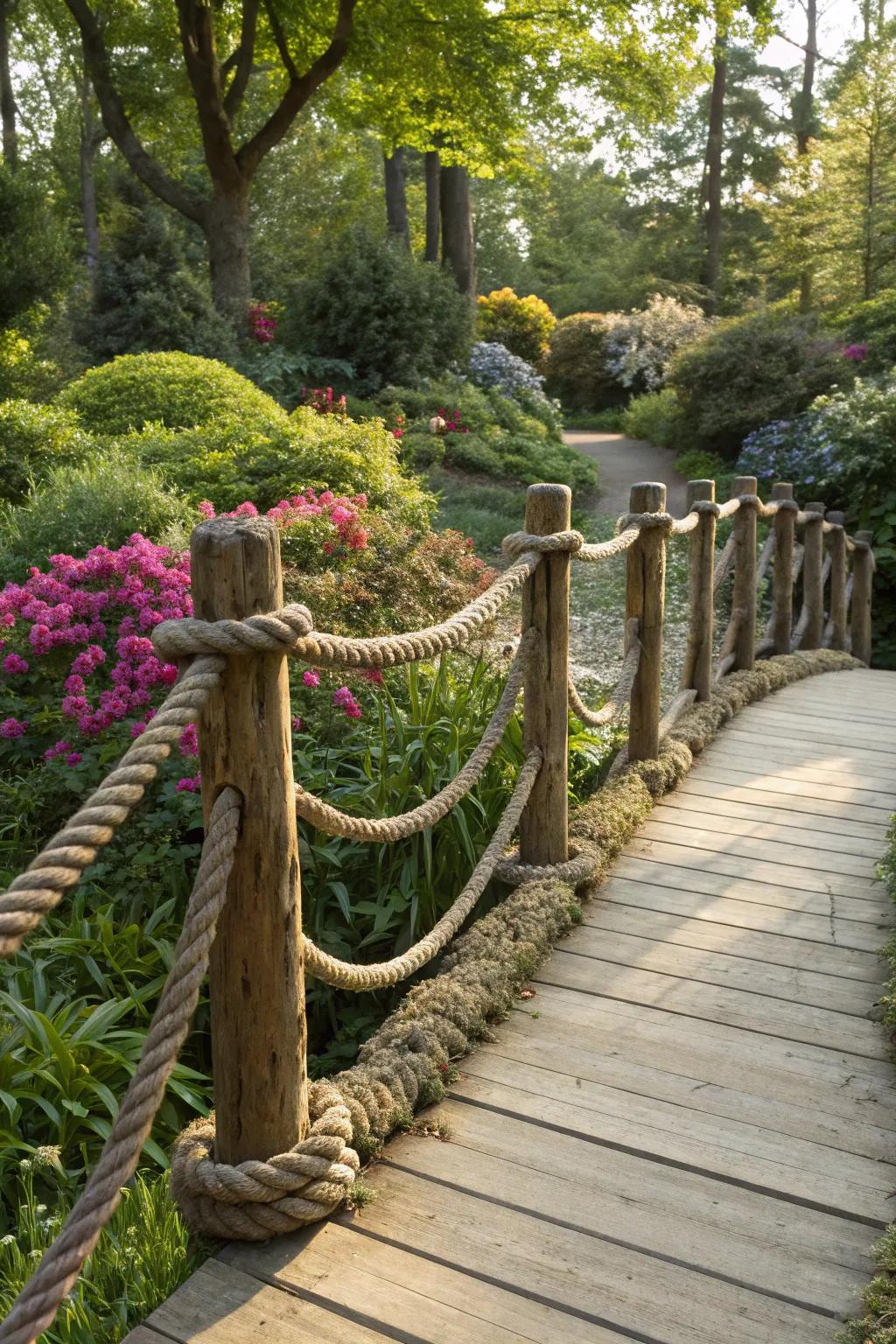 Transform your garden with a handcrafted rope bridge that blends beauty and functionality.
