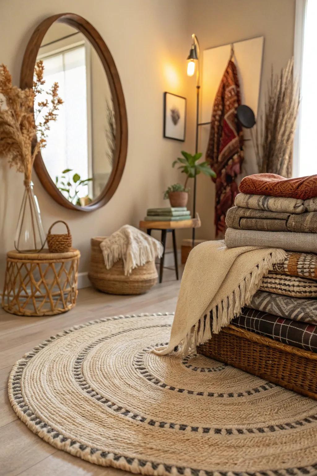 Textural elements complementing a round mirror for a cozy atmosphere.