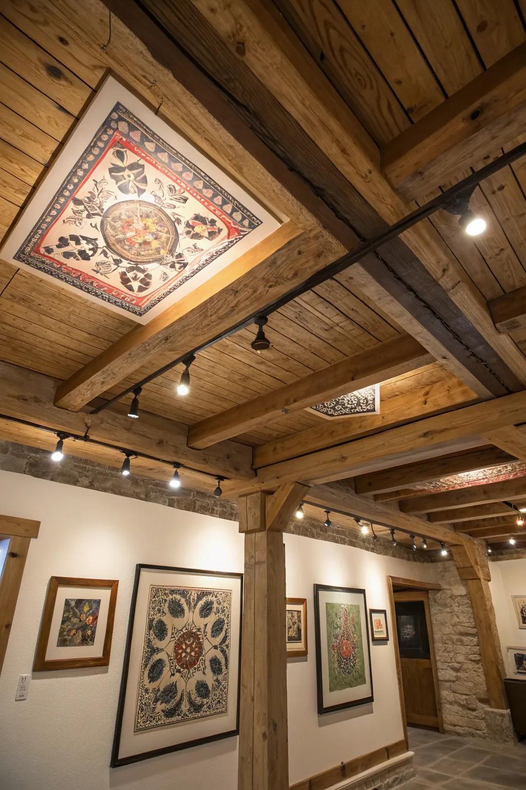 Transform your basement ceiling into a masterpiece with handcrafted artistry and rustic charm.
