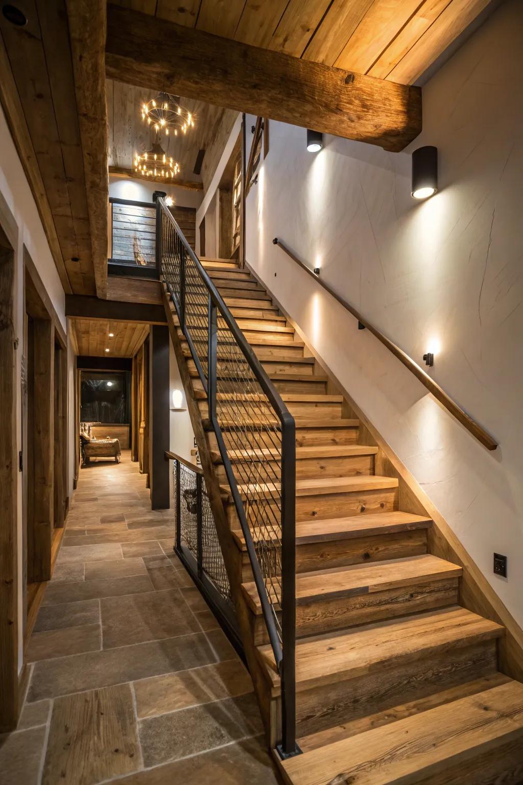 A staircase that beautifully merges rustic charm with modern style.