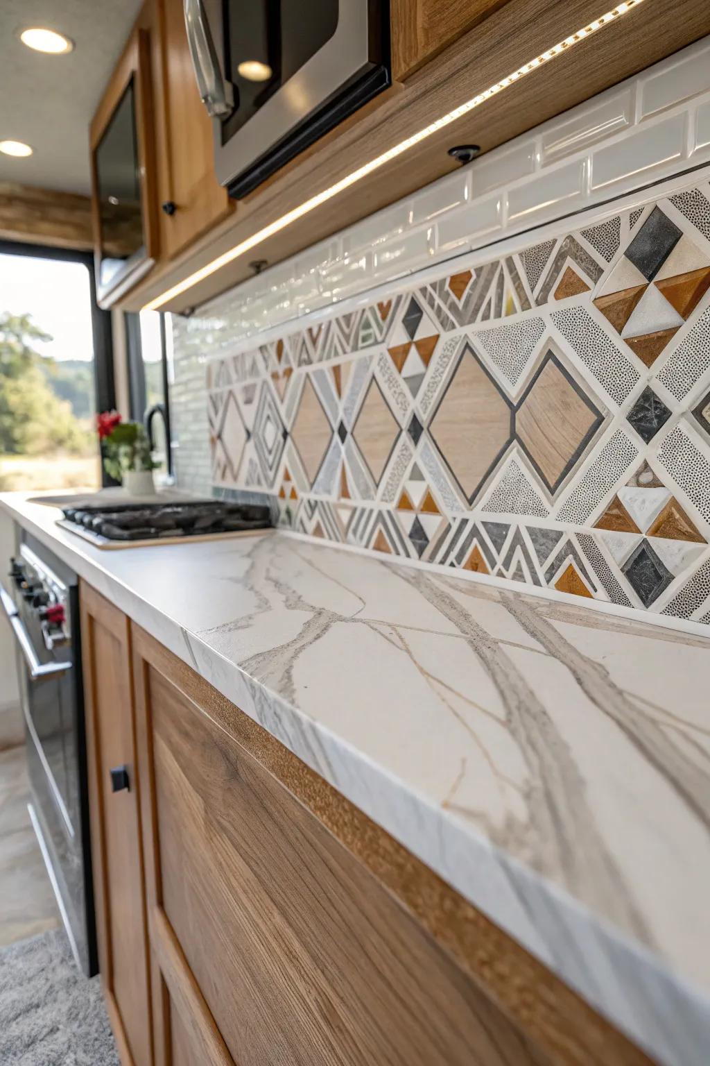 Elevate your RV kitchen with a stunning mixed material mosaic that blends simplicity and bold beauty.