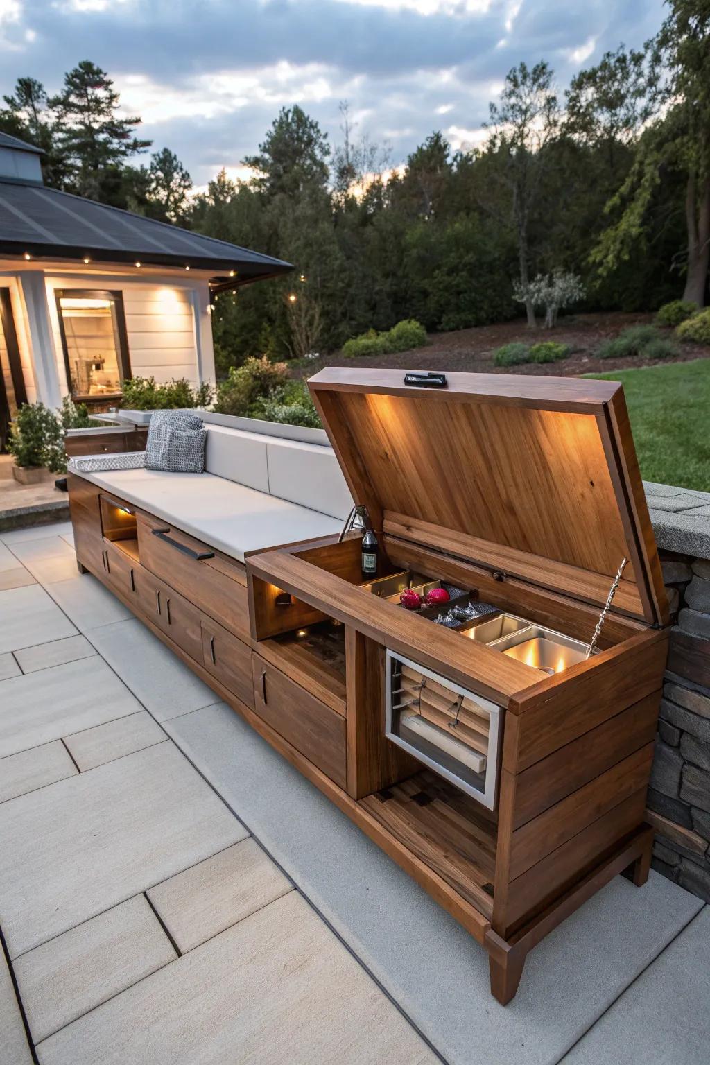 Elevate your RV experience with this ingenious multi-use wooden bench, where functionality meets style.