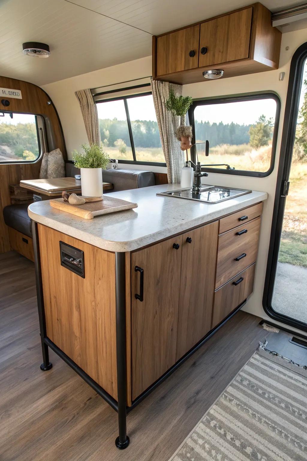 Transform your RV kitchen with a handcrafted touch: A compact island that blends functionality with elegance.