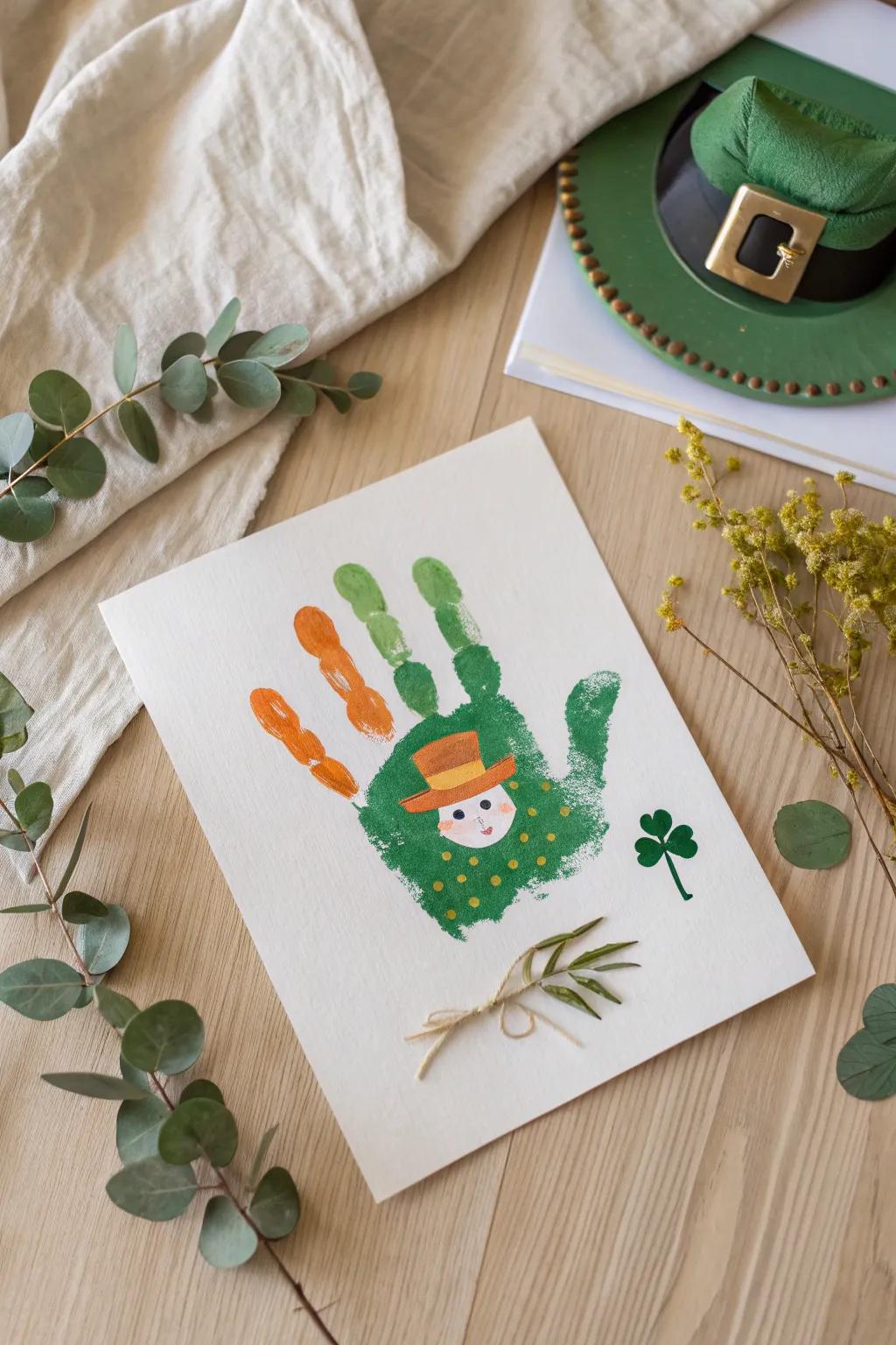 Capture the magic of Saint Patrick's Day with a charming handprint leprechaun card, blending minimalist beauty with a touch of whimsy.