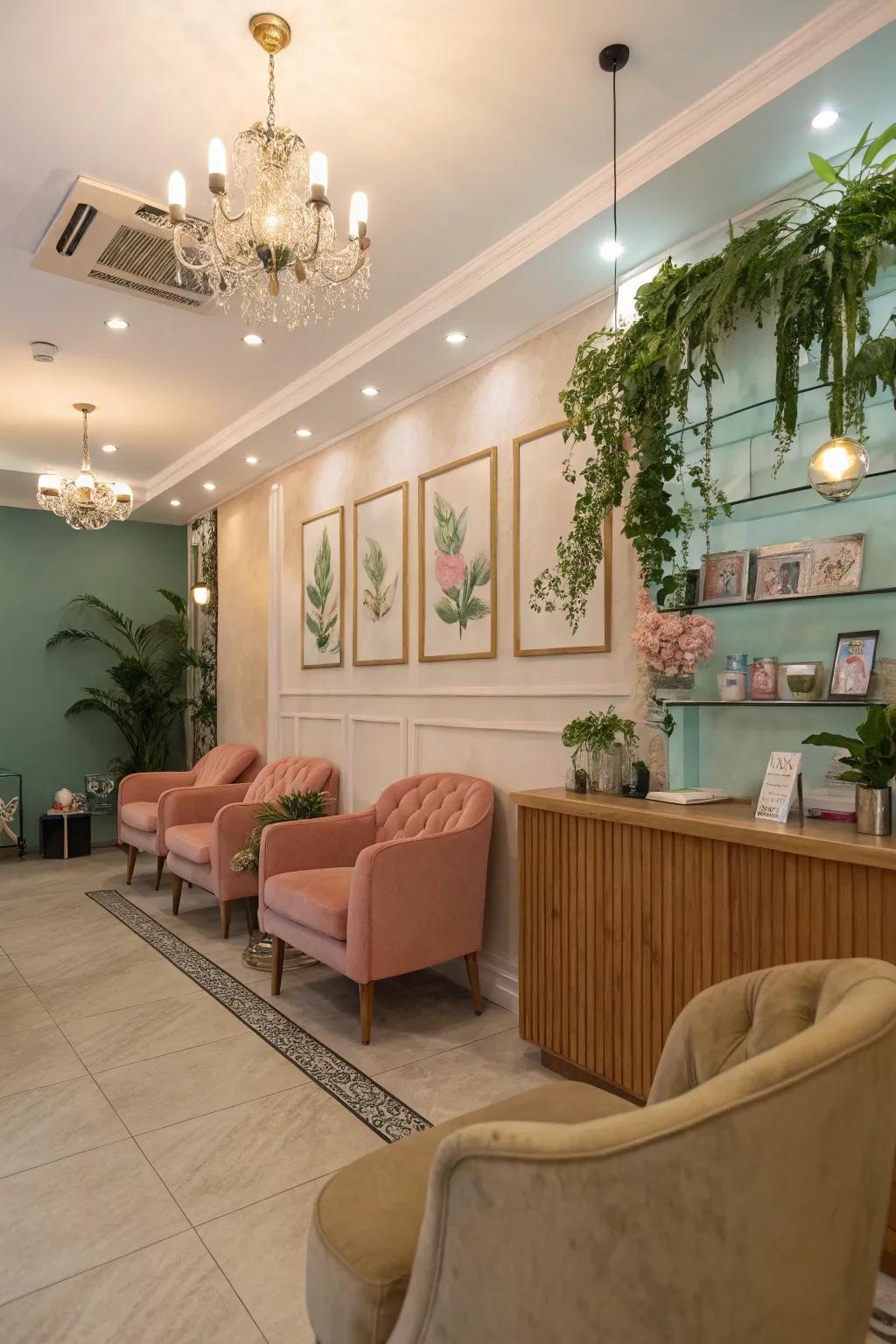 A salon reception area featuring a warm and inviting color scheme for a cozy atmosphere.