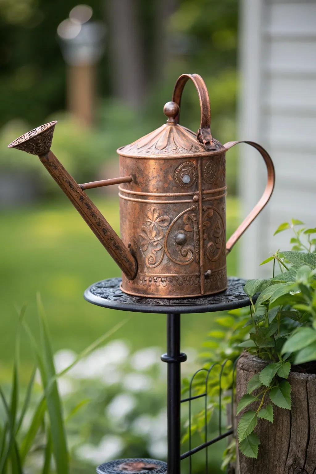 Transform rain into art with this handcrafted vintage watering can rain gauge.