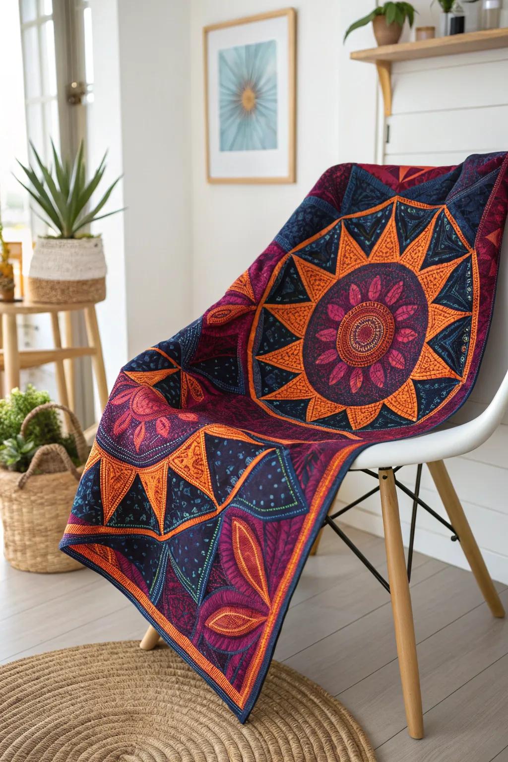 Captivate your space with the artistry of kaleidoscope quilting—an inspiring blend of color and craft.