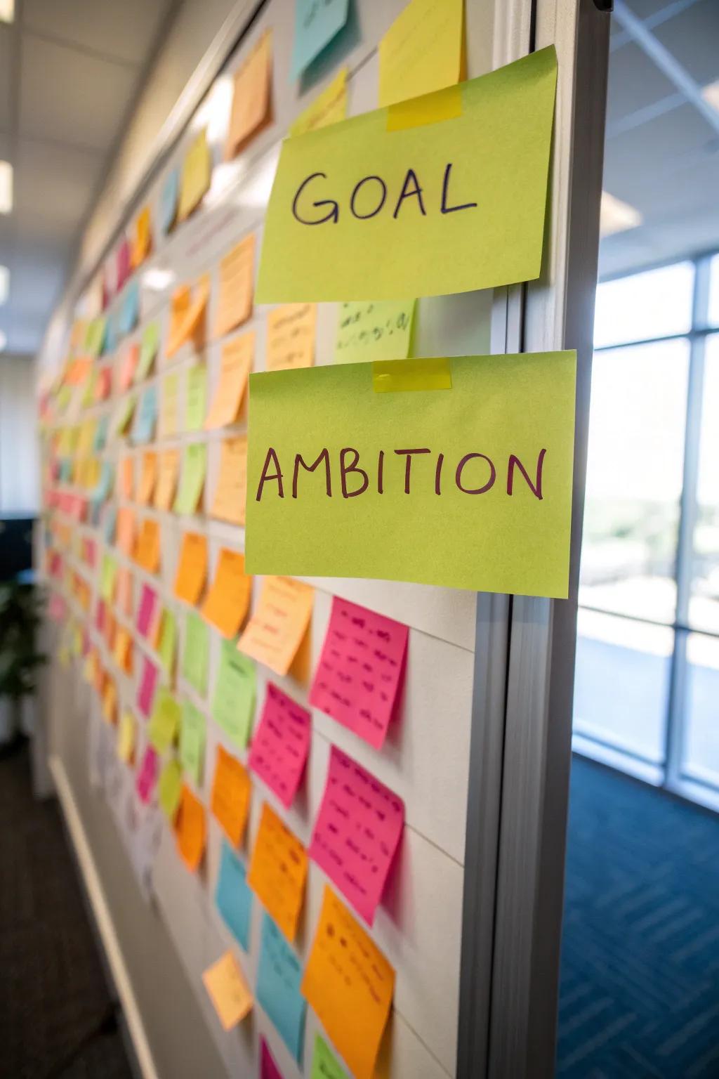 A motivational goals board with employee ambitions for the month.