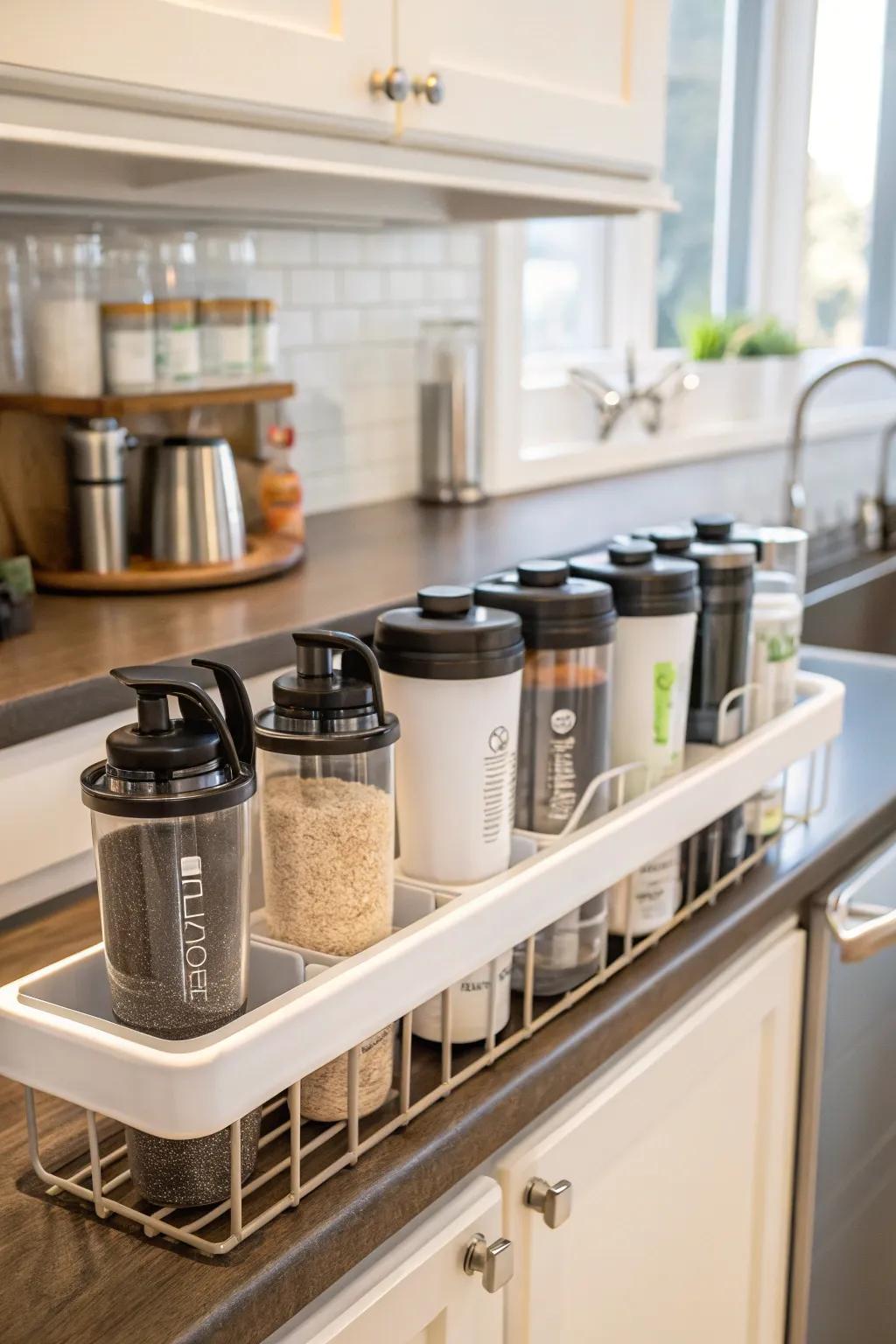 An over-the-sink shelf provides convenient storage for shaker bottles.