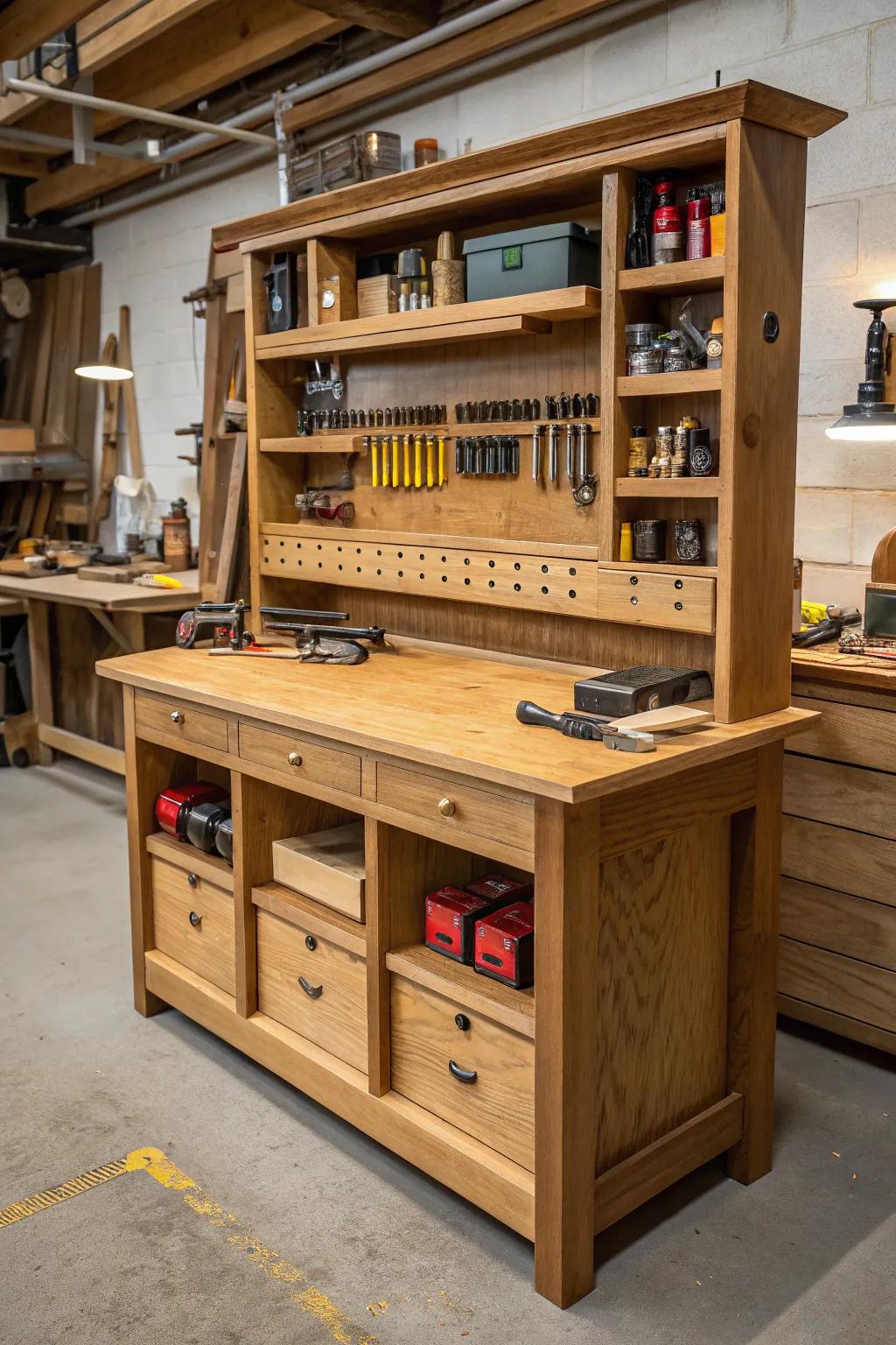 Elevate your workshop with a multi-level workbench that combines storage and style.