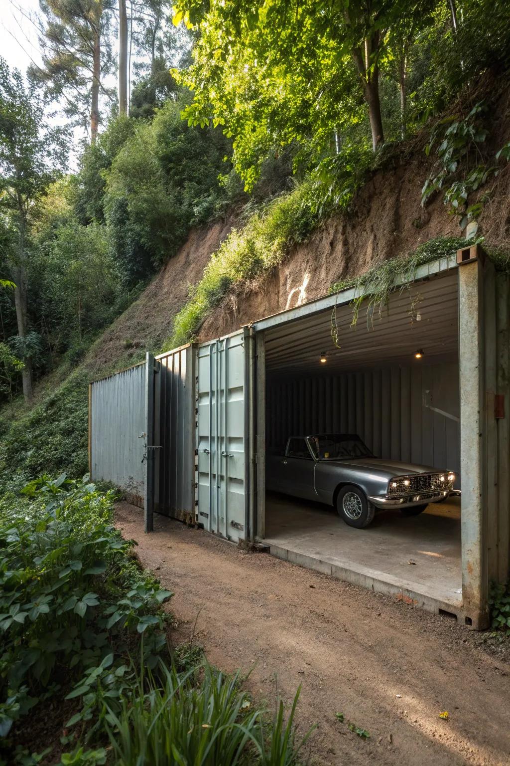 Discover the allure of hidden craftsmanship with this underground shipping container garage, a perfect blend of security and style.