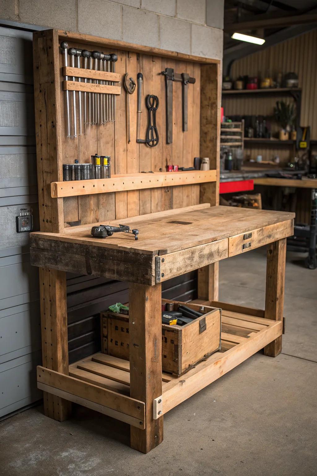 Transform your workspace with a rugged, rustic DIY pallet workbench that blends functionality with character.
