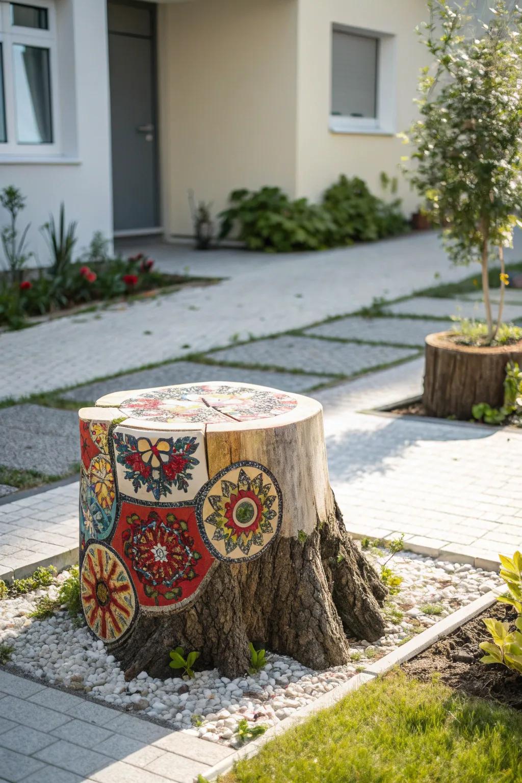 Transform your garden with a burst of color: a mosaic masterpiece on a tree stump!