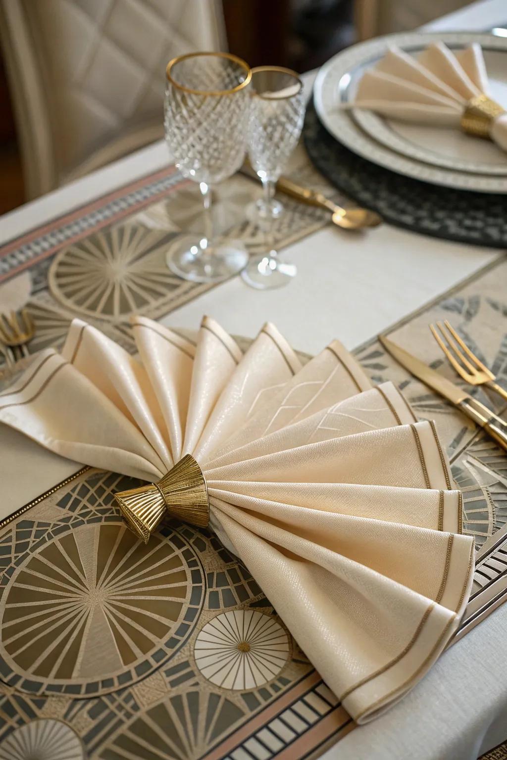 A silk napkin folded into an art deco fan, bringing a touch of vintage glamour to your dinner party.