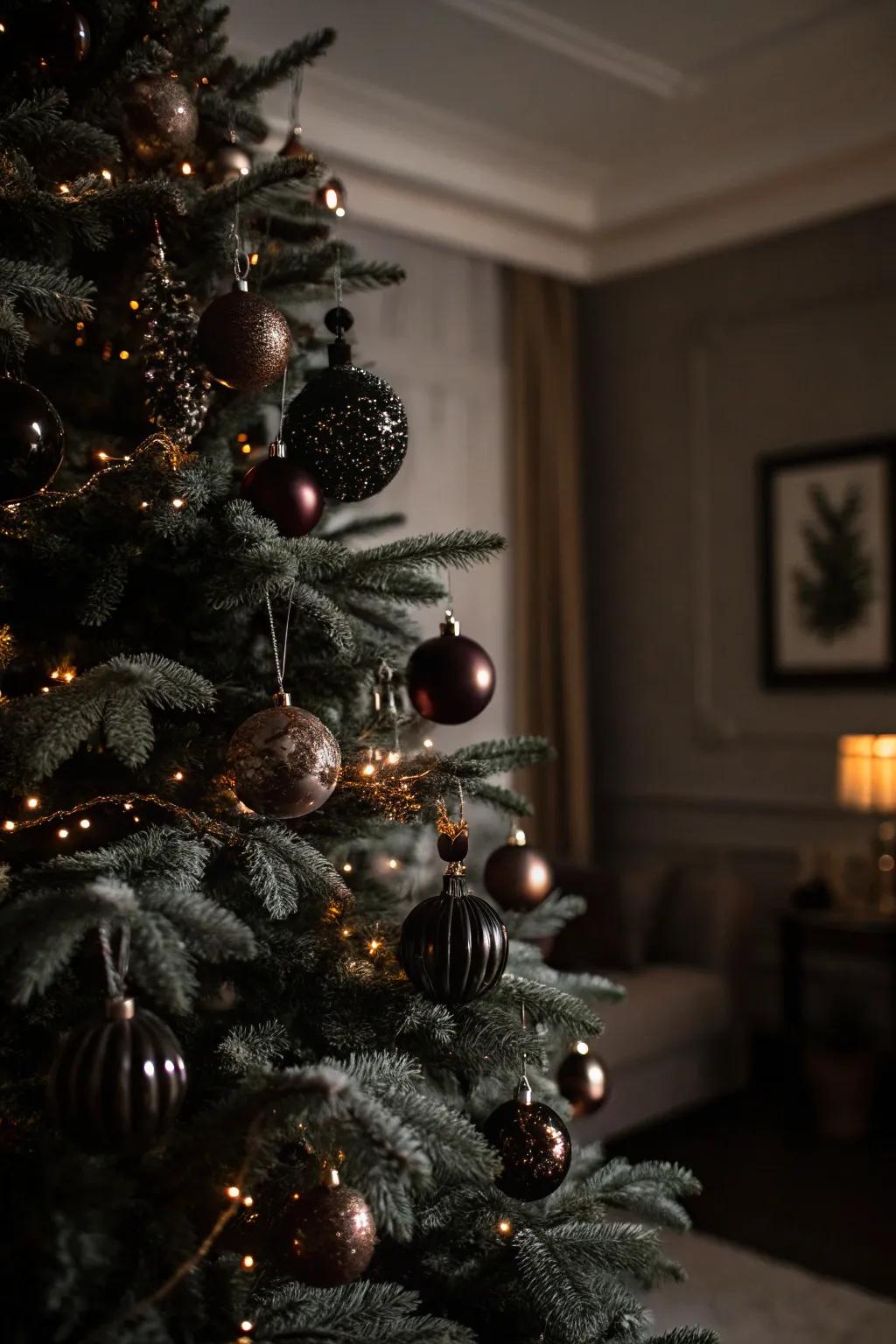 Dark ornaments create a moody and sophisticated Christmas tree atmosphere.