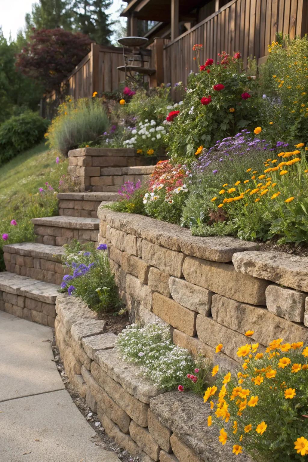 Embrace natural beauty with a handcrafted retaining wall adorned with vibrant wildflowers.
