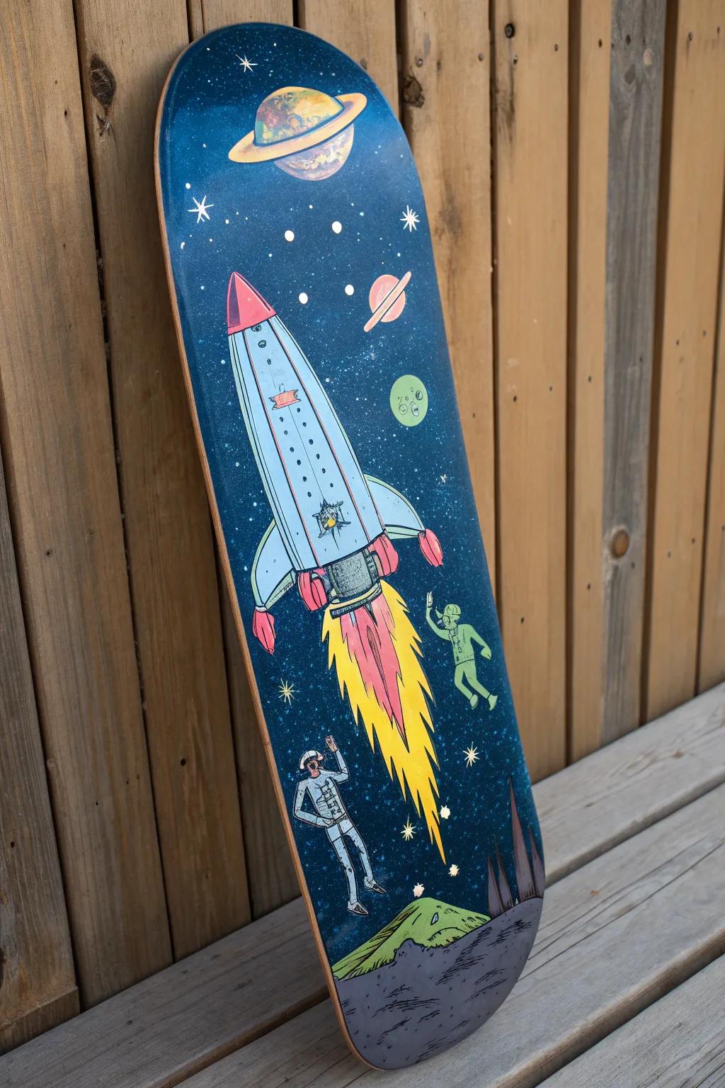 Blast off into nostalgia with this retro sci-fi skateboard masterpiece!